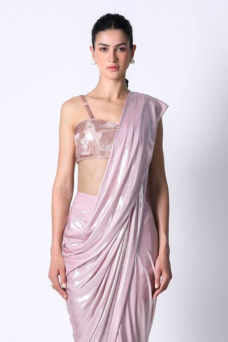 Buy_431-88 By Shweta Kapur_Pink Cotton, Jersey Sequins Waterfall Pre Draped Saree With Embellished Blouse_Online_at_Aza_Fashions