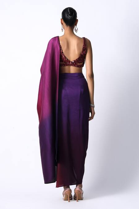 Shop 431-88 By Shweta Kapur Maroon Silk Sequins V-neck Masai Godet Ombre Pre Draped Saree With Blouse at Aza Fashions Shop_431-88 By Shweta Kapur_Maroon Silk Sequins V-neck Masai Godet Ombre Pre Draped Saree With Blouse_at_Aza_Fashions