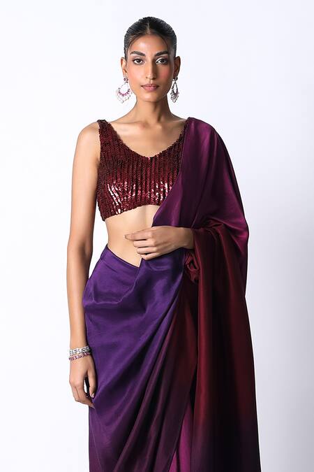 431-88 By Shweta Kapur Maroon Silk Sequins V-neck Masai Godet Ombre Pre Draped Saree With Blouse Online at Aza Fashions 431-88 By Shweta Kapur_Maroon Silk Sequins V-neck Masai Godet Ombre Pre Draped Saree With Blouse_Online_at_Aza_Fashions