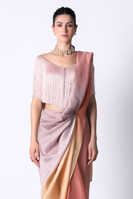 431-88 By Shweta Kapur_Pink Silk, Satin Sequins V-neck Ombre Pre Draped Saree With Fringe Top_Online_at_Aza_Fashions