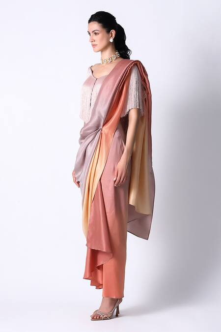 Buy_431-88 By Shweta Kapur_Pink Silk, Satin Sequins V-neck Ombre Pre Draped Saree With Fringe Top_Online_at_Aza_Fashions