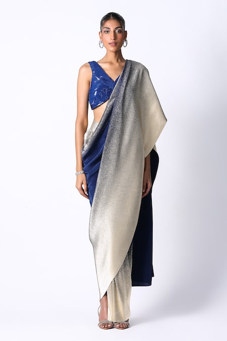 431-88 by Shweta Kapur Blue Cotton Pleated Ombre Pre Draped Saree With Blouse