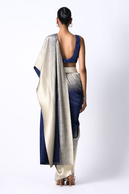 Shop 431-88 By Shweta Kapur Blue Cotton Sequins V-neck Pleated Ombre Pre Draped Saree With Blouse at Aza Fashions Shop_431-88 By Shweta Kapur_Blue Cotton Sequins V-neck Pleated Ombre Pre Draped Saree With Blouse_at_Aza_Fashions