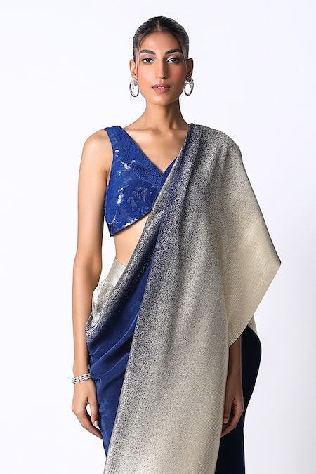 431-88 By Shweta Kapur Blue Cotton Sequins V-neck Pleated Ombre Pre Draped Saree With Blouse Online at Aza Fashions 431-88 By Shweta Kapur_Blue Cotton Sequins V-neck Pleated Ombre Pre Draped Saree With Blouse_Online_at_Aza_Fashions
