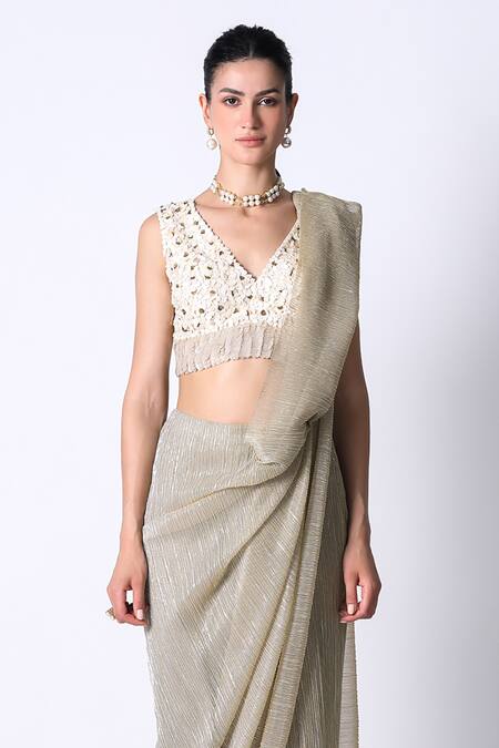 431-88 By Shweta Kapur_Beige , Organza Sequins Pari Textured Pre Draped Saree With Blouse_Online_at_Aza_Fashions