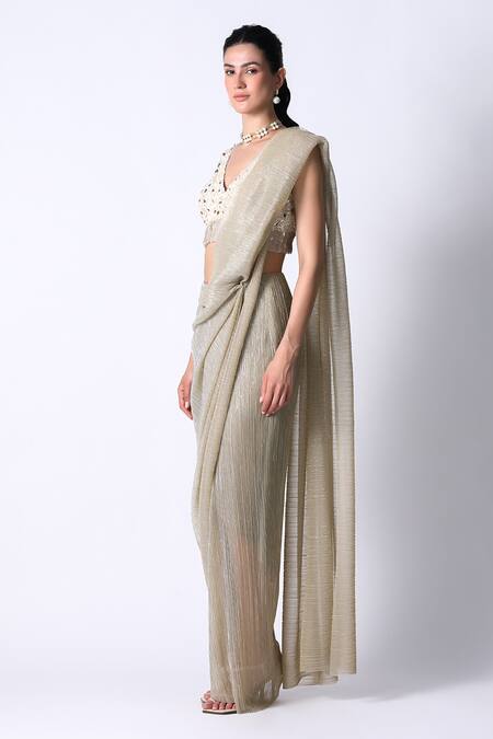 Buy_431-88 By Shweta Kapur_Beige , Organza Sequins Pari Textured Pre Draped Saree With Blouse_Online_at_Aza_Fashions