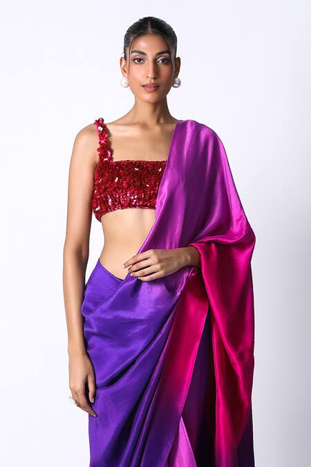 431-88 By Shweta Kapur Fuchsia Silk Sequins Square Neck Ombre Pre Draped Saree With Blouse Online at Aza Fashions 431-88 By Shweta Kapur_Fuchsia Silk Sequins Square Neck Ombre Pre Draped Saree With Blouse_Online_at_Aza_Fashions