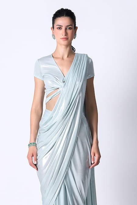 431-88 By Shweta Kapur_Blue Jersey Sequins V-neck Metallic Shimmer Pre Draped Saree With Blouse_Online_at_Aza_Fashions