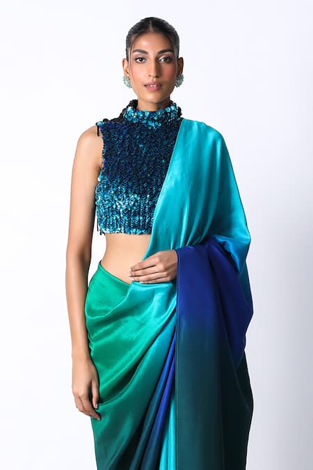 431-88 By Shweta Kapur_Emerald Green Silk Sequins High Ombre Pre Draped Saree With Embellished Top_Online_at_Aza_Fashions