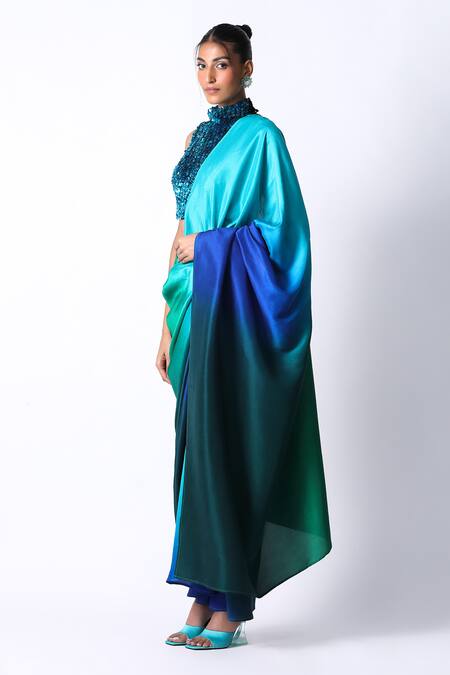 Buy_431-88 By Shweta Kapur_Emerald Green Silk Sequins High Ombre Pre Draped Saree With Embellished Top_Online_at_Aza_Fashions