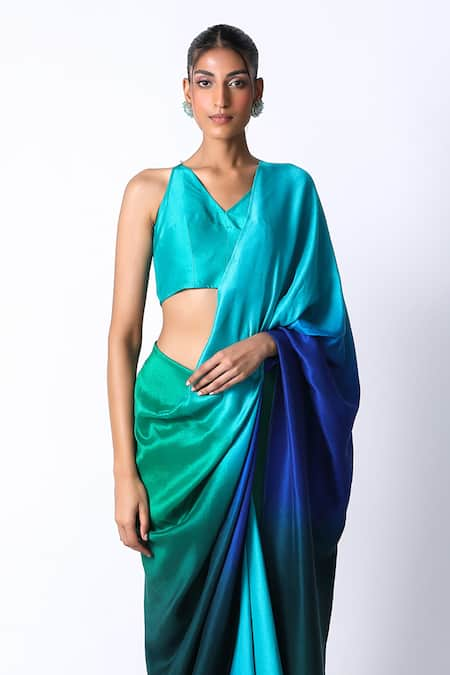 Buy Emerald Green Silk Ombre Pre Draped Saree With Tasselled Back