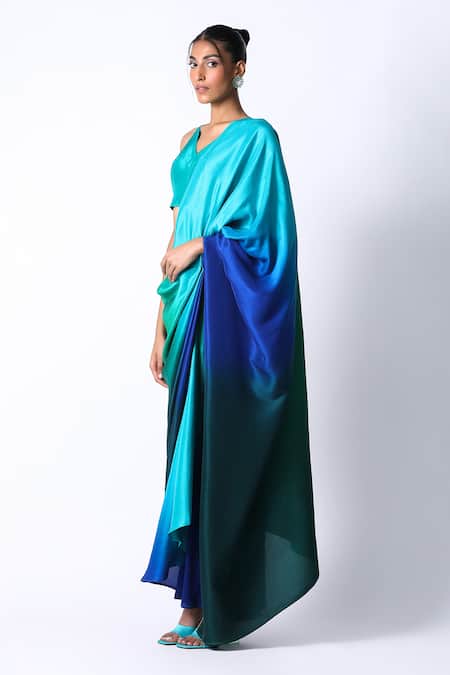 Buy_431-88 By Shweta Kapur_Emerald Green Silk Sequins V-neck Pre Draped Saree With Tasselled Back Blouse_Online_at_Aza_Fashions