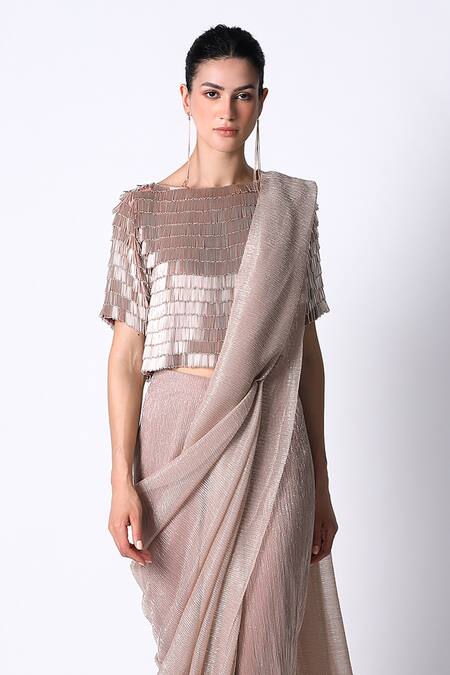 431-88 By Shweta Kapur Pink Silk, Net Crystals Round Pleated Pre Draped Saree With Embellished Top Online at Aza Fashions 431-88 By Shweta Kapur_Pink Silk, Net Crystals Round Pleated Pre Draped Saree With Embellished Top_Online_at_Aza_Fashions