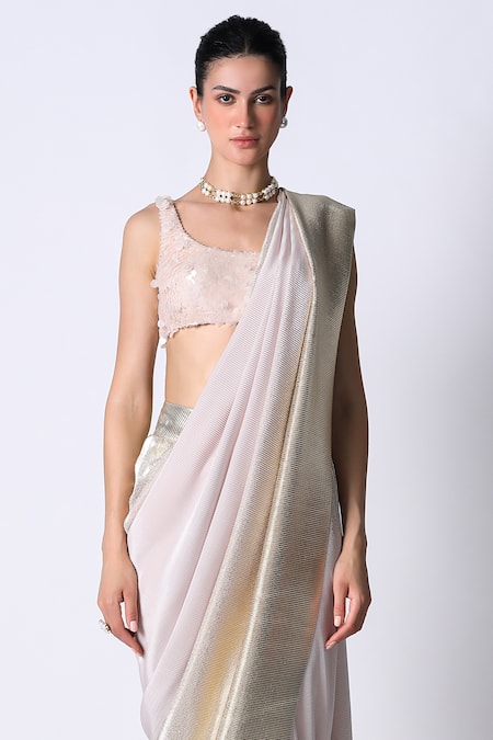 431-88 by Shweta Kapur Pink Cotton Ombre Sequin V-neck Metallic Pre Draped Saree With Blouse   3