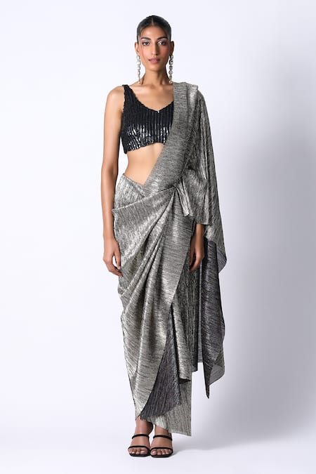 Grey And Black Border Saree With Blouse | Kasthuribaicompany