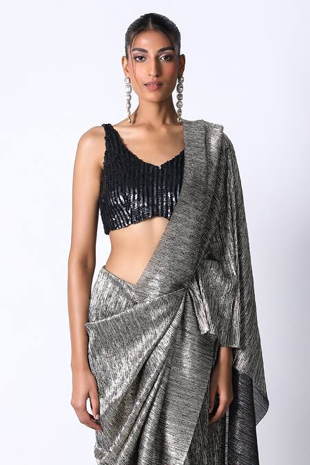 431-88 By Shweta Kapur Black Silk, Polyester Sequins Metallic Pleated Pre Draped Saree With Blouse Online at Aza Fashions 431-88 By Shweta Kapur_Black Silk, Polyester Sequins Metallic Pleated Pre Draped Saree With Blouse_Online_at_Aza_Fashions