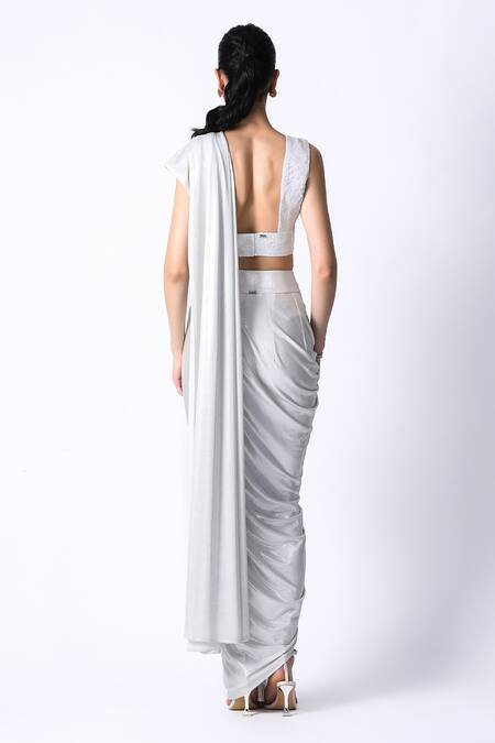 Shop 431-88 By Shweta Kapur White Cotton, Linen Sequins V-neck Waterfall Pre Draped Saree With Blouse at Aza Fashions Shop_431-88 By Shweta Kapur_White Cotton, Linen Sequins V-neck Waterfall Pre Draped Saree With Blouse_at_Aza_Fashions