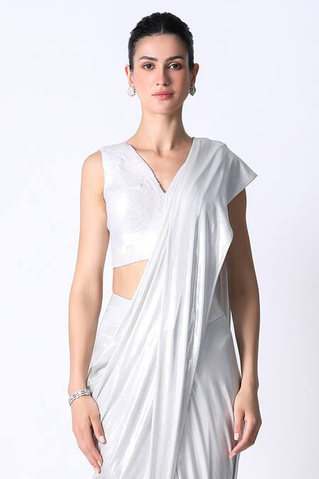 431-88 By Shweta Kapur White Cotton, Linen Sequins V-neck Waterfall Pre Draped Saree With Blouse Online at Aza Fashions 431-88 By Shweta Kapur_White Cotton, Linen Sequins V-neck Waterfall Pre Draped Saree With Blouse_Online_at_Aza_Fashions
