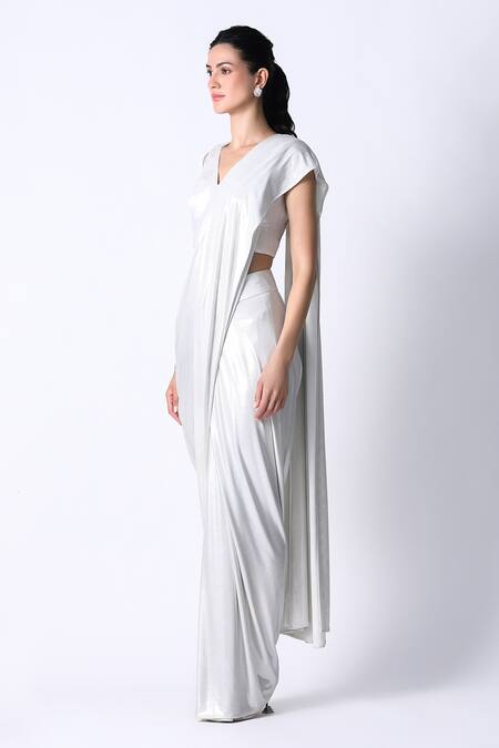 Buy 431-88 By Shweta Kapur White Cotton, Linen Sequins V-neck Waterfall Pre Draped Saree With Blouse Online at Aza Fashions Buy_431-88 By Shweta Kapur_White Cotton, Linen Sequins V-neck Waterfall Pre Draped Saree With Blouse_Online_at_Aza_Fashions