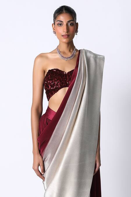 431-88 By Shweta Kapur_Maroon Cotton, Oxford Sequins Ombre Metallic Pre Draped Saree With Bustier_Online_at_Aza_Fashions