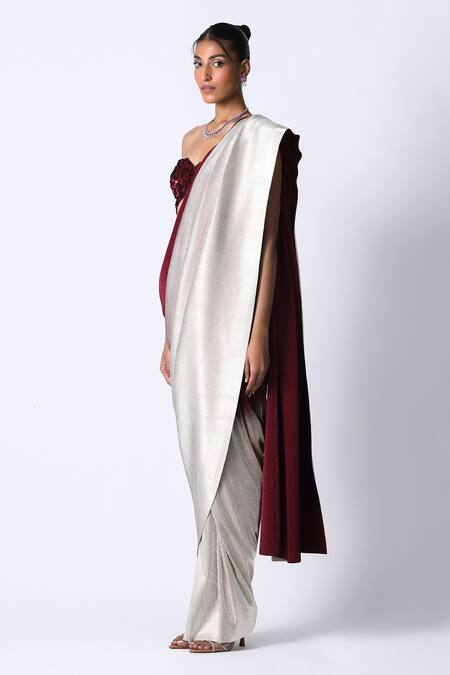 Buy_431-88 By Shweta Kapur_Maroon Cotton, Oxford Sequins Ombre Metallic Pre Draped Saree With Bustier_Online_at_Aza_Fashions