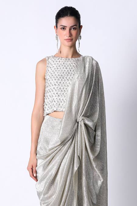 431-88 By Shweta Kapur_White Silk, Net Rhinestones V-neck Galaxy Textured Pre Draped Saree With Blouse_Online_at_Aza_Fashions