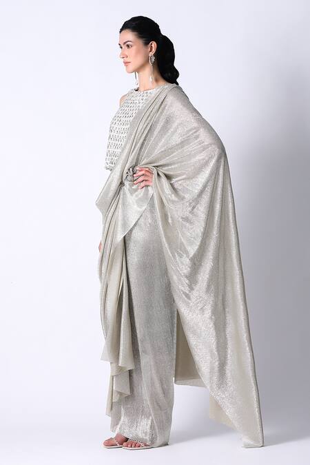 Buy_431-88 By Shweta Kapur_White Silk, Net Rhinestones V-neck Galaxy Textured Pre Draped Saree With Blouse_Online_at_Aza_Fashions