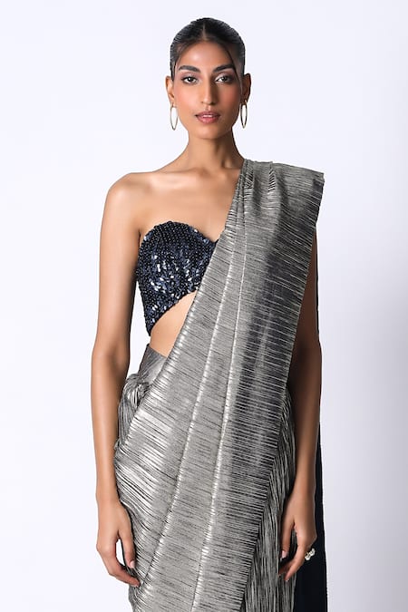 431-88 By Shweta Kapur Blue Silk Sequins Sweetheart Neck Metallic Pre Draped Saree With Bustier Online at Aza Fashions 431-88 By Shweta Kapur_Blue Silk Sequins Sweetheart Neck Metallic Pre Draped Saree With Bustier_Online_at_Aza_Fashions