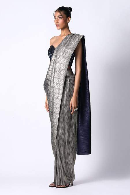 Buy 431-88 By Shweta Kapur Blue Silk Sequins Sweetheart Neck Metallic Pre Draped Saree With Bustier Online at Aza Fashions Buy_431-88 By Shweta Kapur_Blue Silk Sequins Sweetheart Neck Metallic Pre Draped Saree With Bustier_Online_at_Aza_Fashions