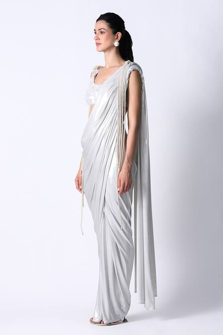 Buy_431-88 By Shweta Kapur_White Silk Sequins Round Neck Waterfall Shimmer Pre Draped Saree With Blouse_Online_at_Aza_Fashions