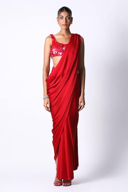 431-88 by Shweta Kapur Red Satin Embellished Tasselled Pallu Pre Draped Saree With Blouse  