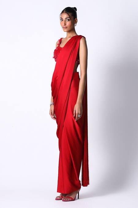 Buy_431-88 By Shweta Kapur_Red Silk, Satin Sequins Round Neck Tasselled Pallu Pre Draped Saree With Blouse_Online_at_Aza_Fashions