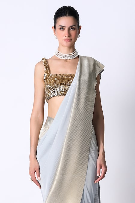431-88 By Shweta Kapur_Blue Cotton, Oxford Sequins Ombre Pre Draped Saree With Embellished Blouse_Online_at_Aza_Fashions