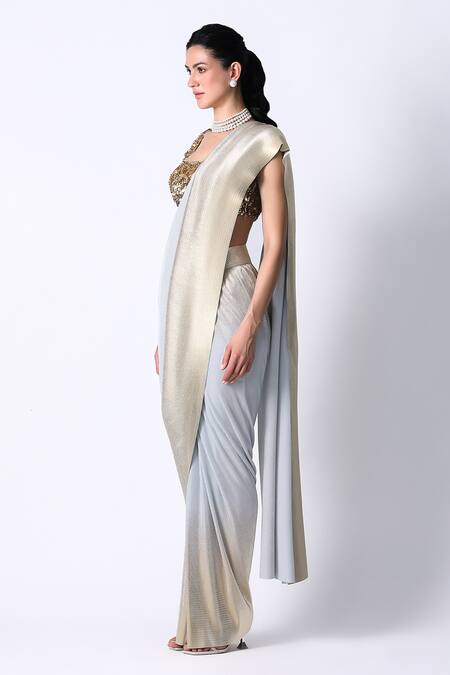 Buy_431-88 By Shweta Kapur_Blue Cotton, Oxford Sequins Ombre Pre Draped Saree With Embellished Blouse_Online_at_Aza_Fashions