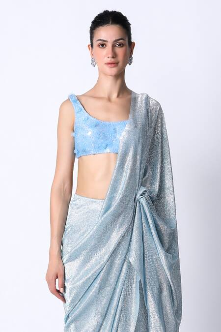 431-88 By Shweta Kapur_Blue , Organza Textured Pre Draped Saree With Embellished Blouse_Online_at_Aza_Fashions