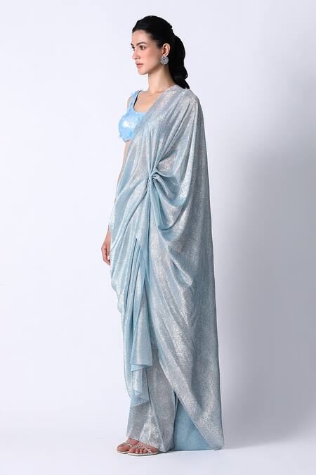 Buy_431-88 By Shweta Kapur_Blue , Organza Textured Pre Draped Saree With Embellished Blouse_Online_at_Aza_Fashions