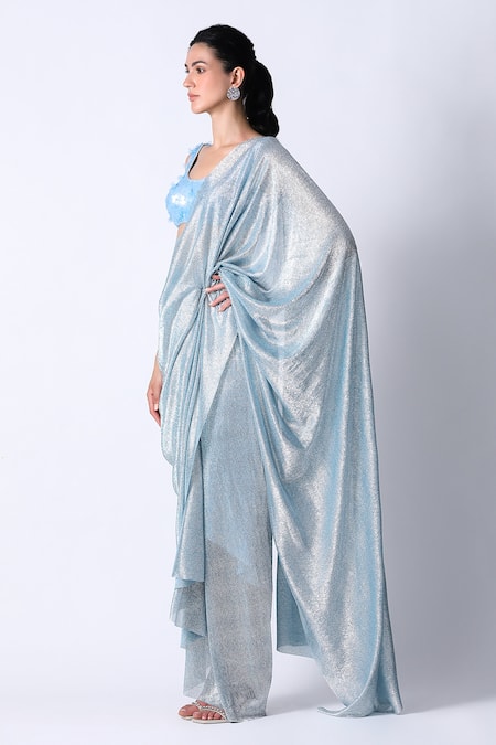 Shop_431-88 By Shweta Kapur_Blue , Organza Textured Pre Draped Saree With Embellished Blouse_Online_at_Aza_Fashions