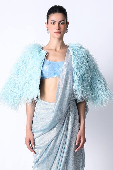 431-88 By Shweta Kapur_Blue Silk, Satin, Net Sequins, Feathers Round Galaxy Pre Draped Saree Jacket Set_Online_at_Aza_Fashions