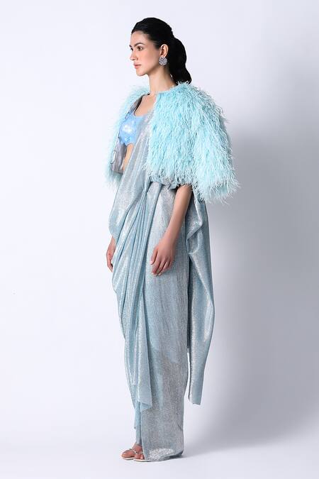 Buy_431-88 By Shweta Kapur_Blue Silk, Satin, Net Sequins, Feathers Round Galaxy Pre Draped Saree Jacket Set_Online_at_Aza_Fashions