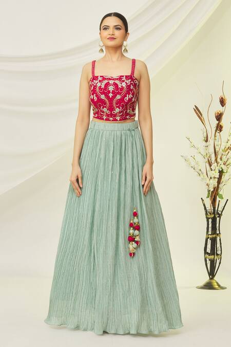 Naintara Bajaj_Blue Silk Embroidered Floral Square Neck Pleated Lehenga Set _Online_at_Aza_Fashions