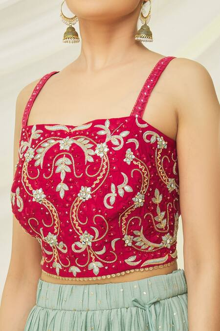 Buy_Naintara Bajaj_Blue Silk Embroidered Floral Square Neck Pleated Lehenga Set _Online_at_Aza_Fashions