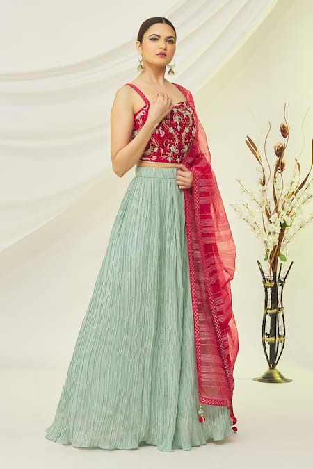 Naintara Bajaj Blue Silk Embroidered Floral Square Neck Pleated Lehenga Set 