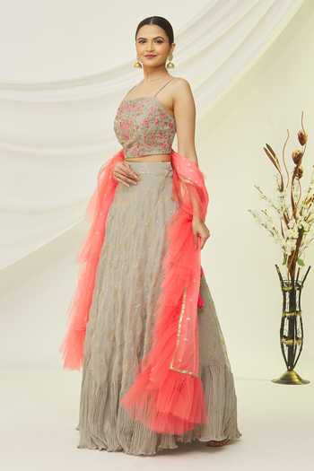 Naintara Bajaj Grey Georgette Embroidered Floral Square Neck Crop Top And Lehenga Set Online at Aza Fashions Naintara Bajaj_Grey Georgette Embroidered Floral Square Neck Crop Top And Lehenga Set _Online_at_Aza_Fashions