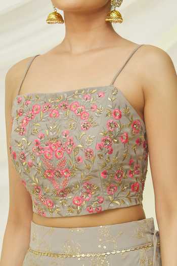 Shop Naintara Bajaj Grey Georgette Embroidered Floral Square Neck Crop Top And Lehenga Set Online at Aza Fashions Shop_Naintara Bajaj_Grey Georgette Embroidered Floral Square Neck Crop Top And Lehenga Set _Online_at_Aza_Fashions