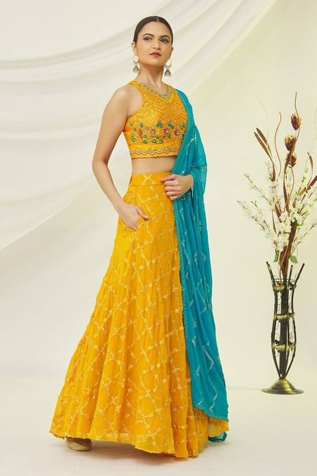 Shop_Naintara Bajaj_Yellow Raw Silk Embroidered Floral V Neck Crop Top And Lehenga Set _Online_at_Aza_Fashions