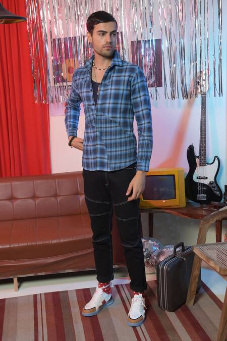 Shop Abkasa Blue Cotton Wrapper Checkered Pattern Shirt at Aza Fashions Shop_Abkasa_Blue Cotton Wrapper Checkered Pattern Shirt _at_Aza_Fashions