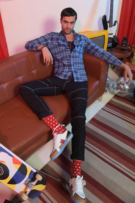 Abkasa Blue Cotton Wrapper Checkered Pattern Shirt Online at Aza Fashions Abkasa_Blue Cotton Wrapper Checkered Pattern Shirt _Online_at_Aza_Fashions