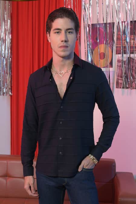 Shop Abkasa Blue Polyester, Viscose Sugar Stripe Pattern Shirt at Aza Fashions Shop_Abkasa_Blue Polyester, Viscose Sugar Stripe Pattern Shirt _at_Aza_Fashions