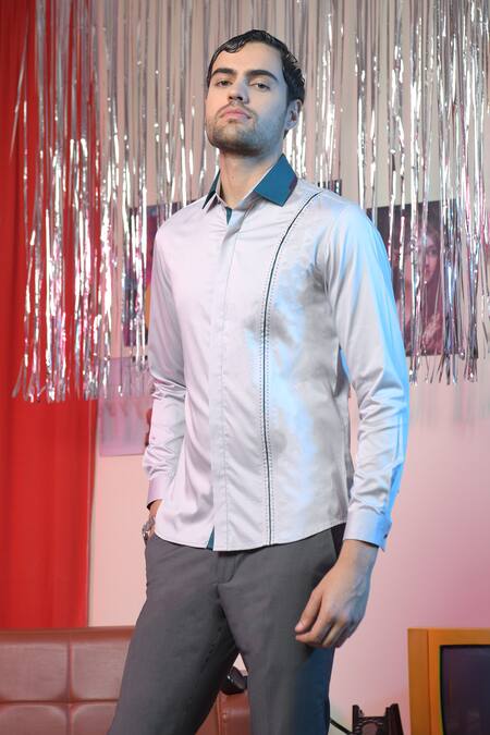 Shop Abkasa Grey Cotton Embroidery Flash Placement Pattern Shirt at Aza Fashions Shop_Abkasa_Grey Cotton Embroidery Flash Placement Pattern Shirt _at_Aza_Fashions