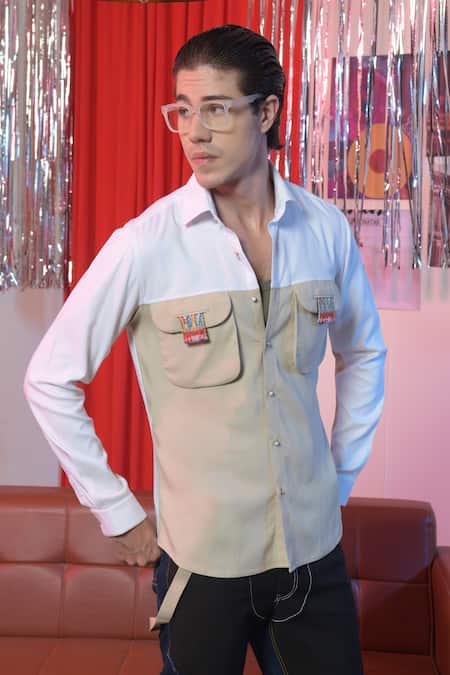 Abkasa Beige Polyester, Viscose California Colo Block Shirt Online at Aza Fashions Abkasa_Beige Polyester, Viscose California Colo Block Shirt _Online_at_Aza_Fashions